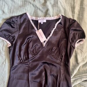 RIHOAS Black Satin V Neck Lace Maxi Dress